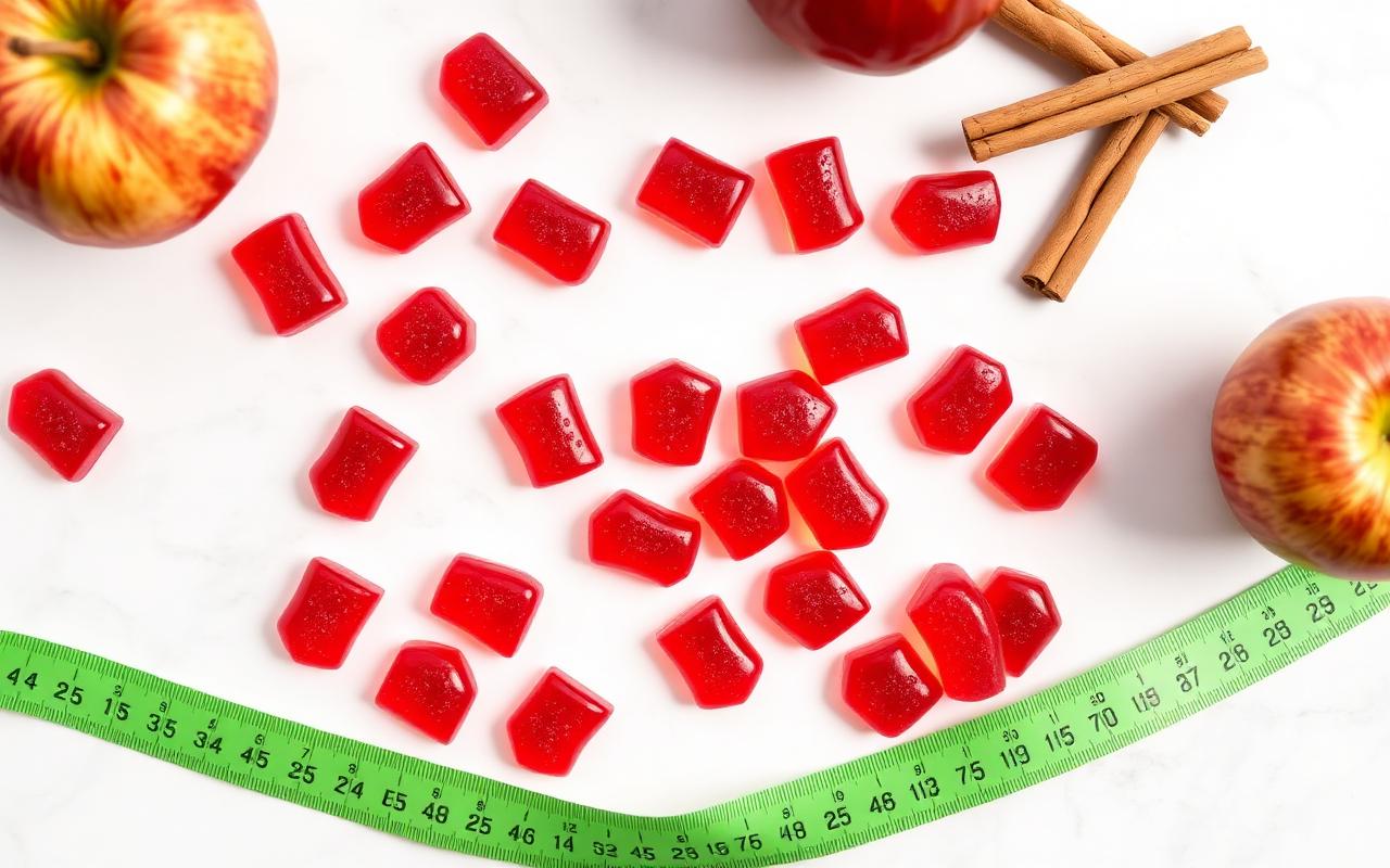 Red 21KETO gummies with apples, cinnamon and measuring tape — natural keto ingredients