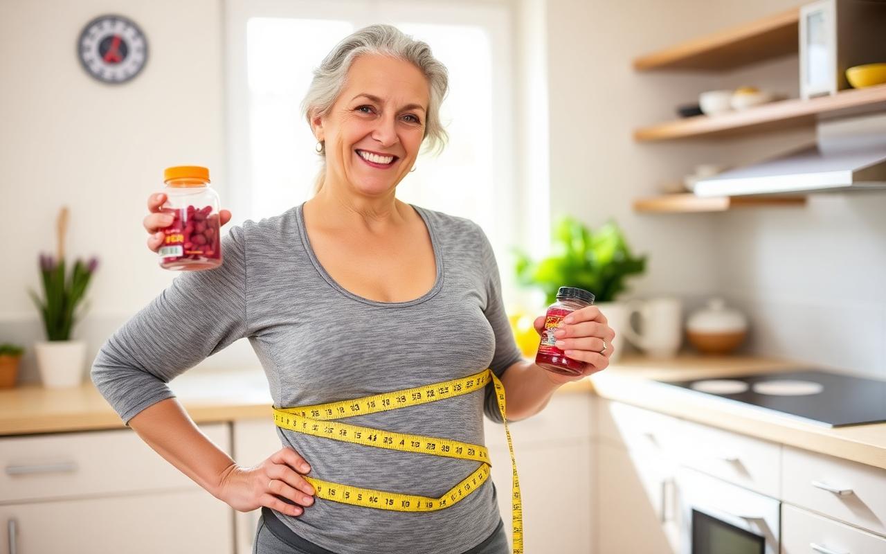 Woman celebrating weight loss results with 21KETO Gummies